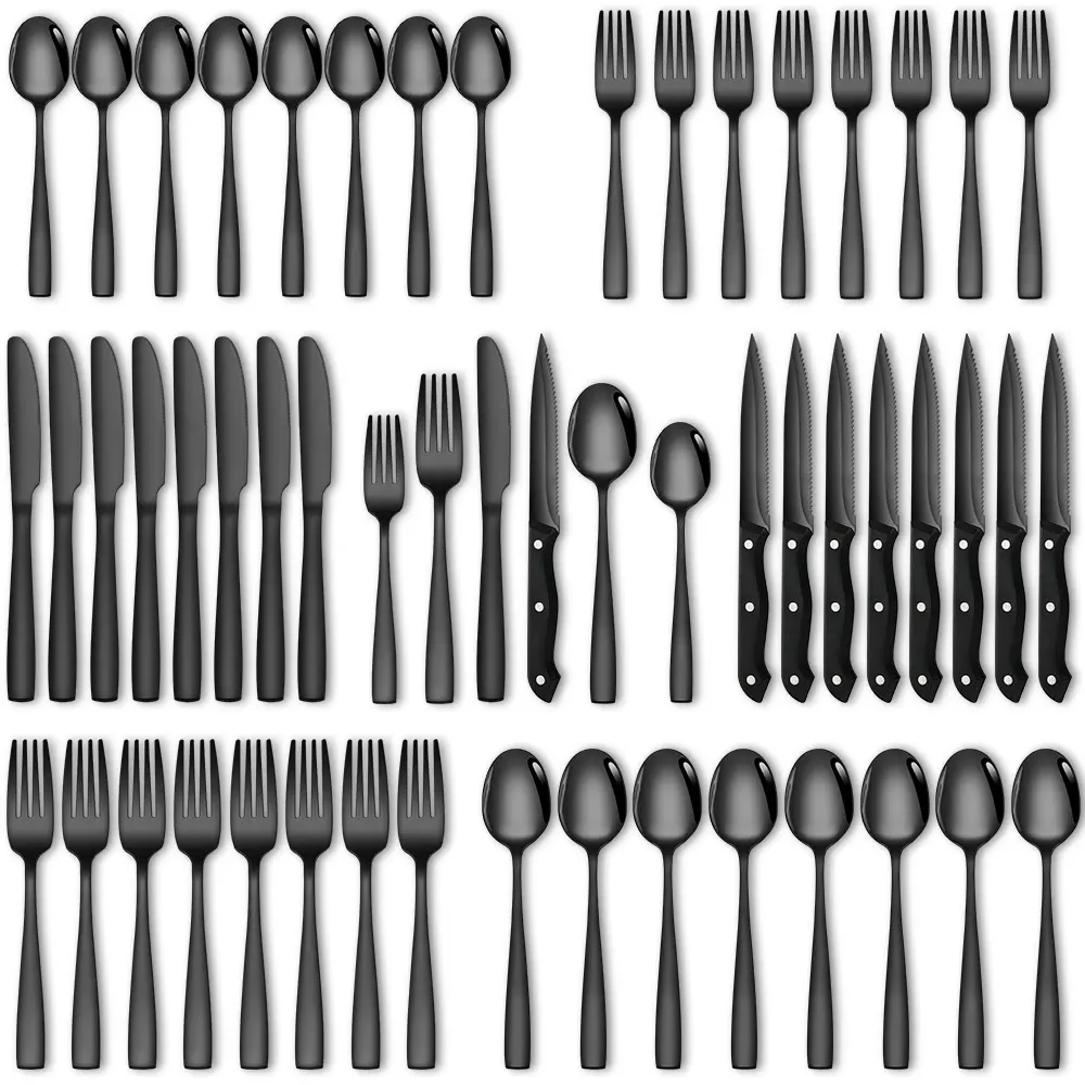 Black Stainless Steel Cutlery Combo Dinner Set - 48-Piece Modern Corrosion-Resistant Set (Service for 8) with Steak Knives, Utensils, Sturdy, Durable, Dishwasher Safe - Ideal for Spring Picnics, Summer BBQs, Combo Dinner Sets