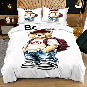Handsome teddy bear printed pattern duvet cover set, including 1 duvet cover and 1 or 2 pillowcases, without a core or pillow, suitable for bedroom or dormitory bedding set, suitable for gift giving or personal use, Comfy Bed Sets