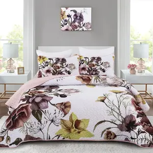 Floral Quilt Set  3 count Boho Blush Quilt Coverlet Set Soft Microfiber Lightweight Colorful Floral Quilted Bedspread for All Season 104"x90"