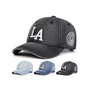 Unisex La Washed Denim Baseball Cap, Adjustable Outdoor Sun Protection Hat, Casual Fitted Design for Spring & Fall Travel, Fitted Snapback Hats