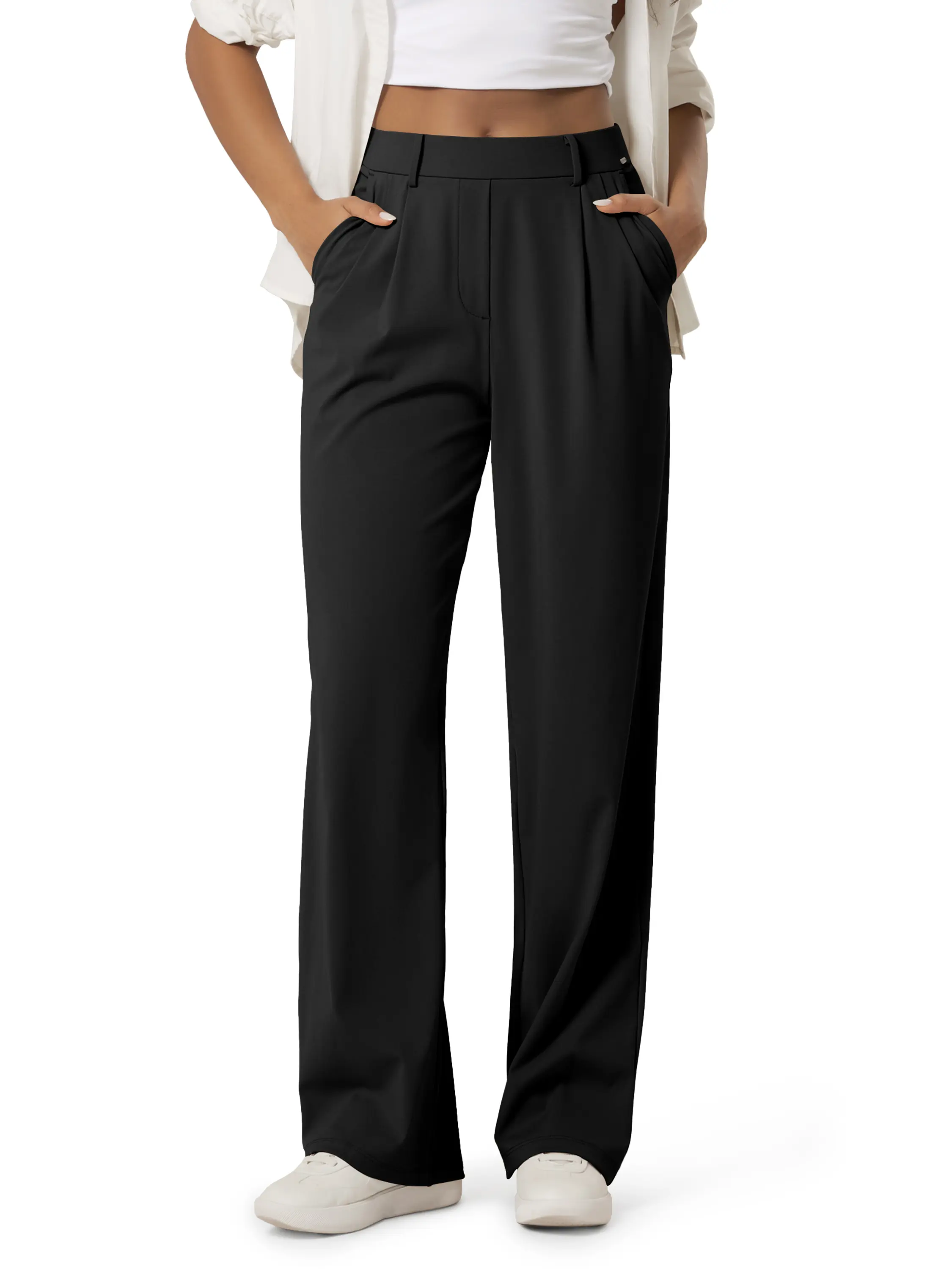ODODOS Women's High-Rise Wide Leg Bottoms, Elastic Stretch Fabric Work Pants with Adjustable Tailored Fit, Pockets, 31" Inseam, Everyday Wear
