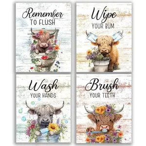 Highland Cow Bathroom Rules  Bathroom Wall Decor Set of 4(8"x10")Unframed, Wooden Rustic Bathroom Decor Wall Art Funny Highland Cow Bathroom Signs Pictures Decor Hanging Decorations for Farmhouse Toilet Bathroom
