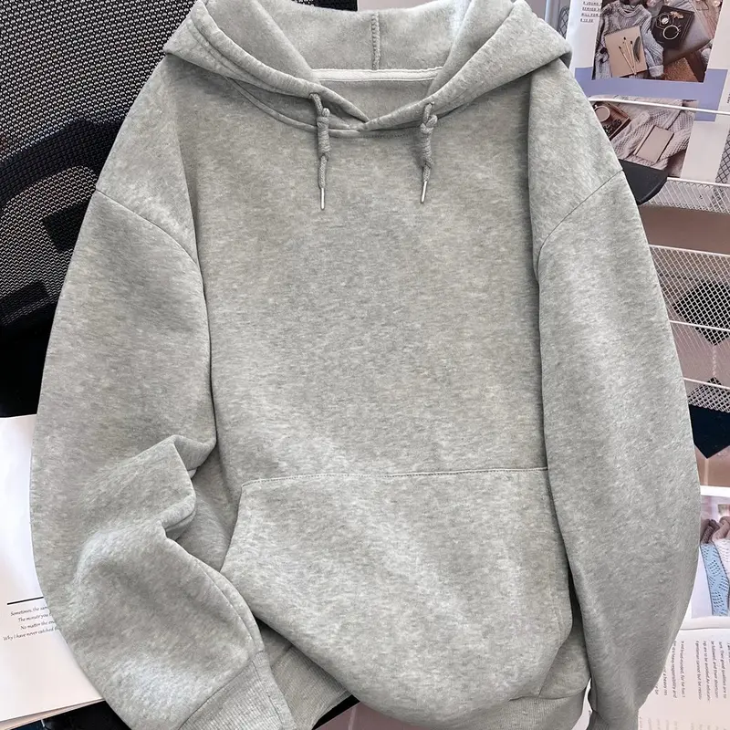 Women's Solid Color Drawstring Pocket Loose Fitting, Casual Minimalist Loose Basic Knit Long Sleeve Hooded Sweatshirt for Fall & Winter, Casual Cozy Pullover, Autumn Pullover, Women's Clothes for Daily Wear, Womenswear, Casual Sweatshirt Tops