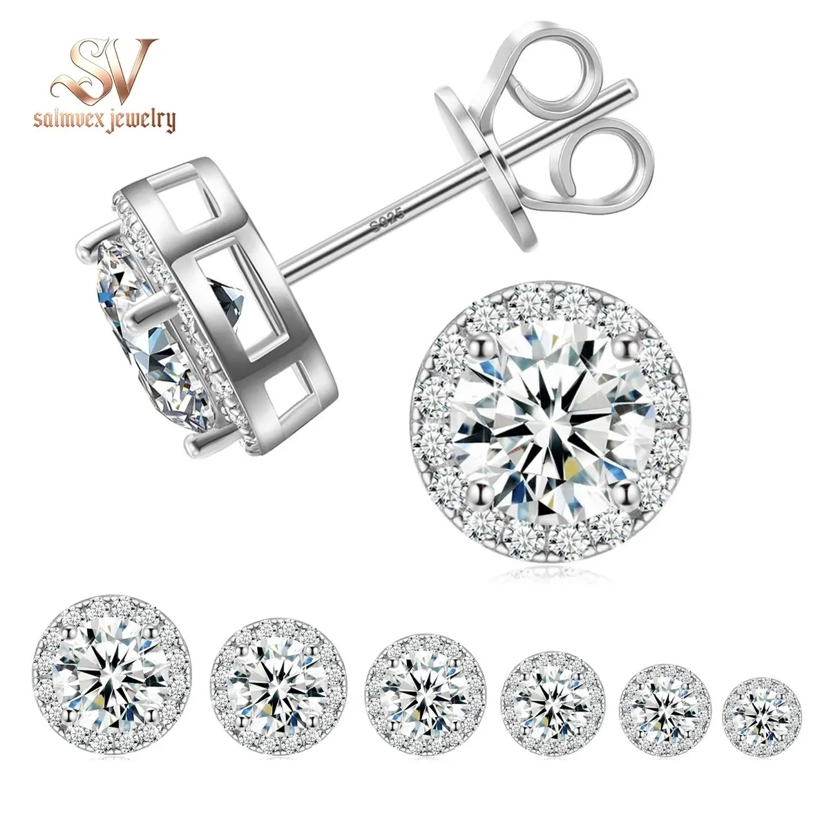 Salmvex Dainty Earrings Stack, Halo Stud Earrings with Lab-Created Moissanite, S925 Sterling Silver Jewelry, Perfect Birthday Christmas Gift for Women Wedding Set, Pretty Studs, Versatile Earrings