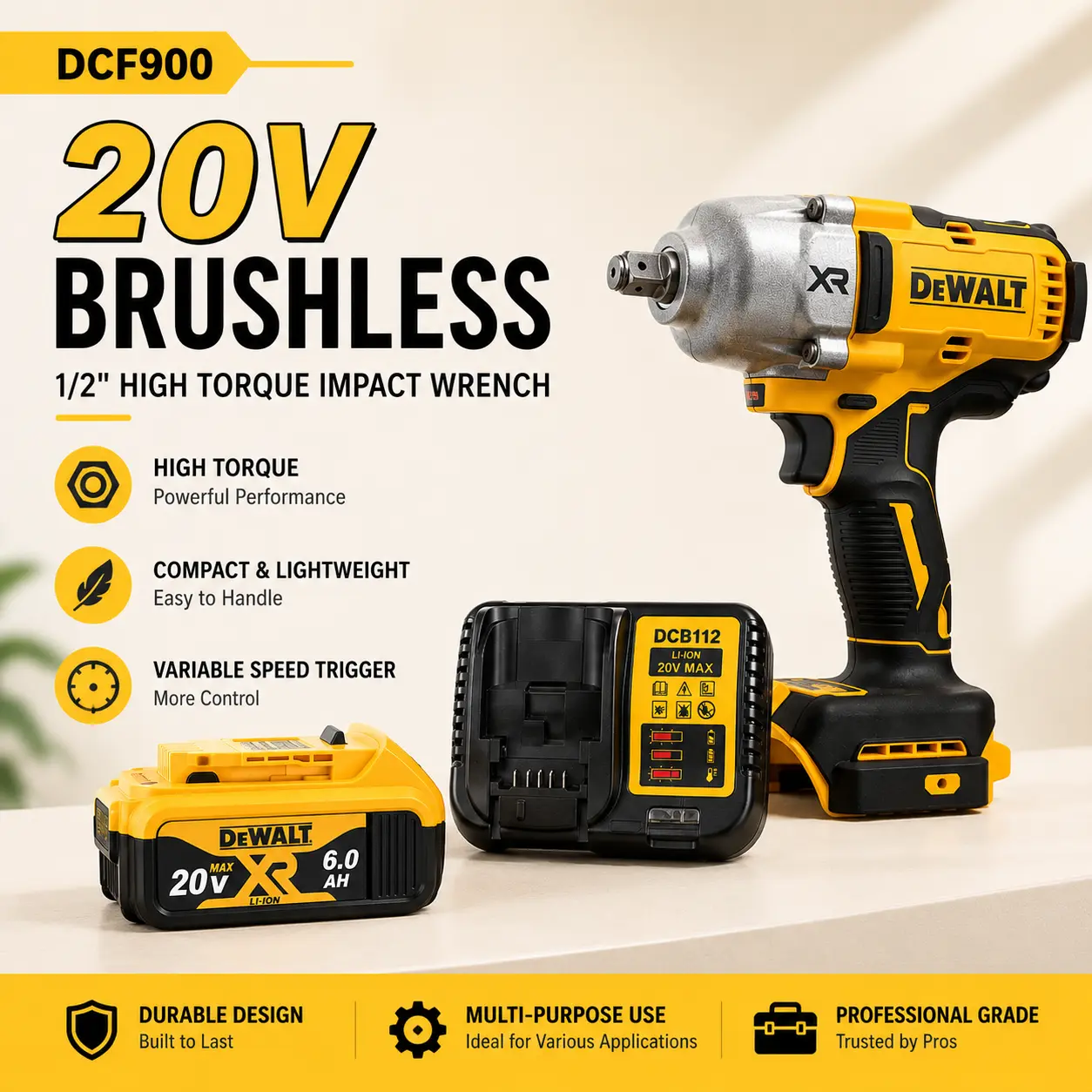 DEWALT DCF900 20V Cordless Impact Wrench - Cordless Power Tool with Hog Ring Anvil, High Torque Brushless Design, 1/2in Universal Battery, Charger Included