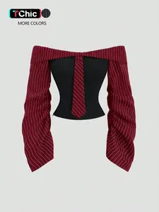 Women's Striped Patchwork Slim Fit Off-Shoulder Fashion Short Shirt Blouse, Perfect for Daily Commute, Stylish and Comfortable