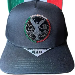 Mexican Centenario Headwear – 50 Pesos Patch Snapback Hat, Mexico Flag Accent, Aztec Angel Design, Adjustable Rhinestone Diamond Sequined Hat, Rhinestone Diamond Hats