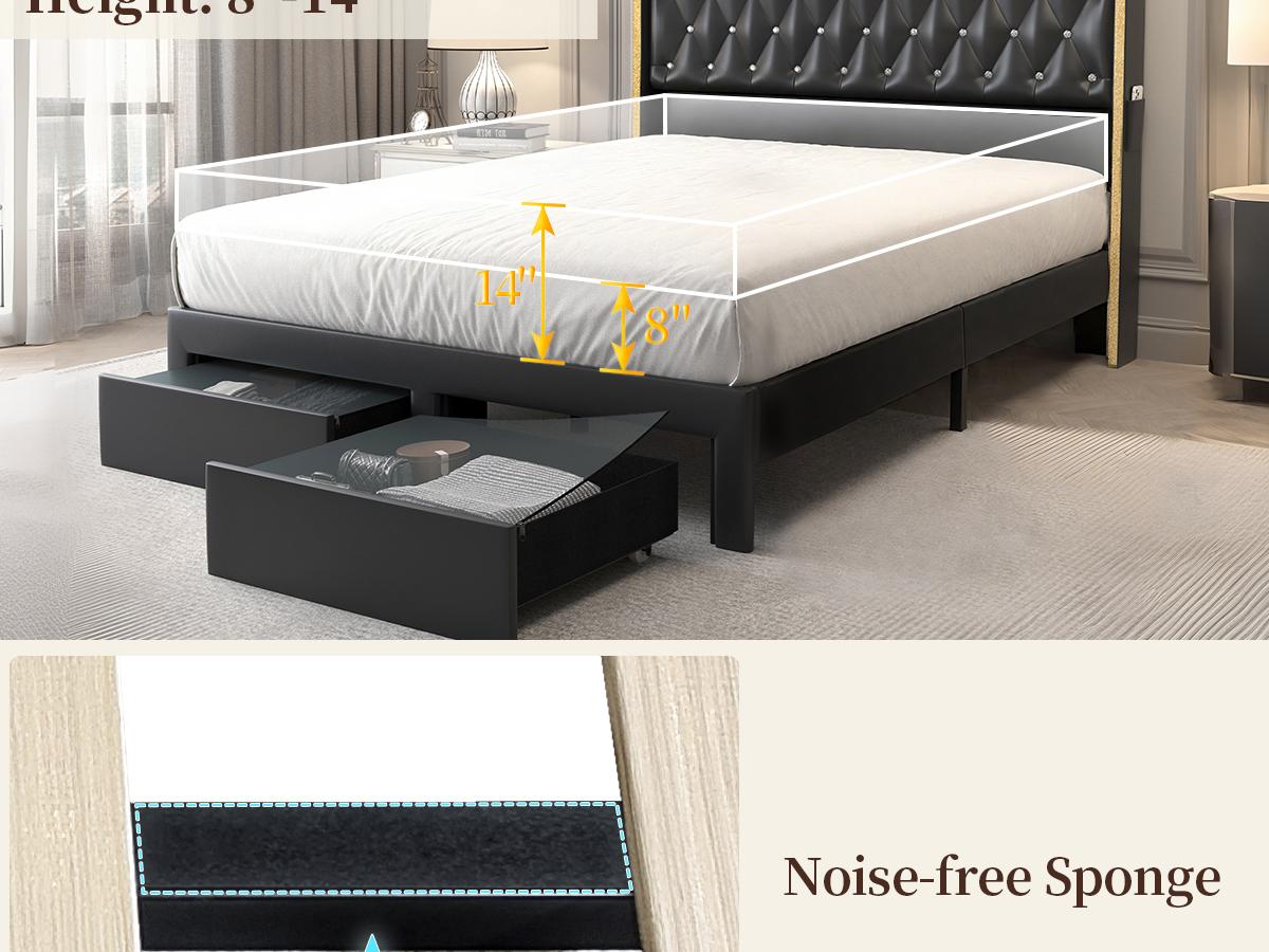 [Father's Day Gift] Queen LED Bed Frame with Galaxy Star Projector, Built-in Speaker & Charging Station, Luxury Upholstered Platform Bed with 2 Storage Drawers & 2-Tier Headboard, Noise-Free Modern Bedroom Furniture, Black