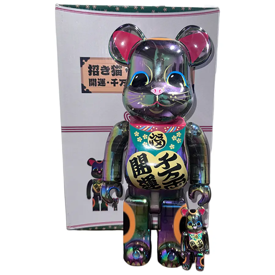 Bearbrick Lucky Cat 10,000 Ryo Art Toy, Black Transparent Plating, 100% & 400% Default Size Decorative Collectible Figurine Set