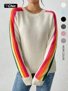 Women's Colorblock Striped Sweater, Casual Long Sleeve Jumper for Spring & Fall, Fashion Women's Knitwear for Daily Wear, Soft Tops