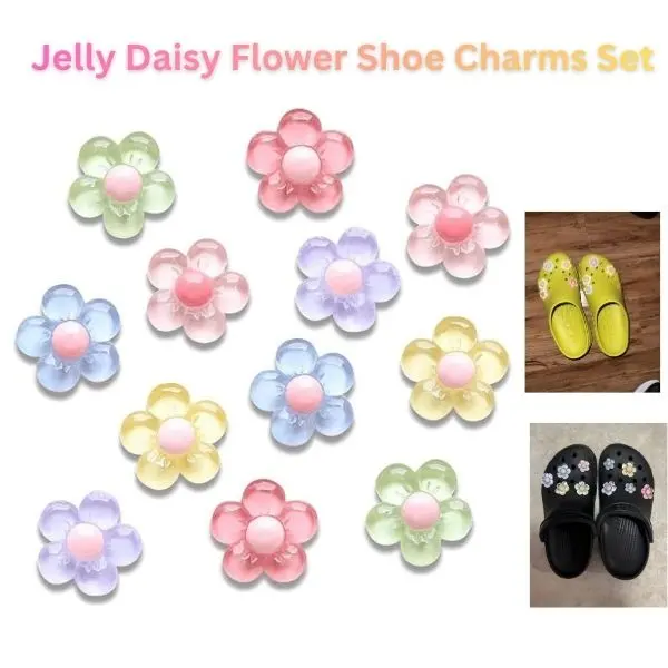 Jelly Daisy Flower Shoe Charms Set, Cute Floral Shoe Charms for Croc Clogs, Pastel Bling Shoe Accessories, Aesthetic Shoe Decorations for Women, Girls & Kids