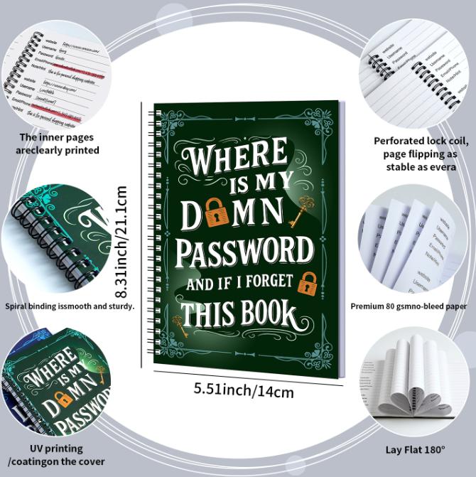 Funny Spiral Bound Password Book Minimalist Account Password Record Notebook for Office Workers with Stickers Durable Material & User-friendly Access