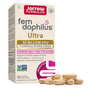 Jarrow Formulas Fem-Dophilus Vaginal & Digestive Probiotic 50 Billion CFU, 9 Clinically-Studied Strains, for Vaginal Flora & Yeast Balance, Urinary Tract, Digestive, & Immune Support, 30 Capsules