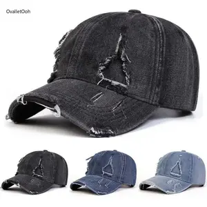 Unisex Adult Vintage Edge-Holes Denim Baseball Cap, Adjustable Outdoor Sunscreen Leisure Hat for Travel & Beach Wear
