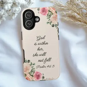 Christian Floral Bible Verse Smartphone Case - God Is Within Her Psalm 46:5, Flower-Print Phone Cover, Protective Shell, Mobile Phone Accessories for iPhone 11 12 13 14 15 16 17 Pro Max Air Plus