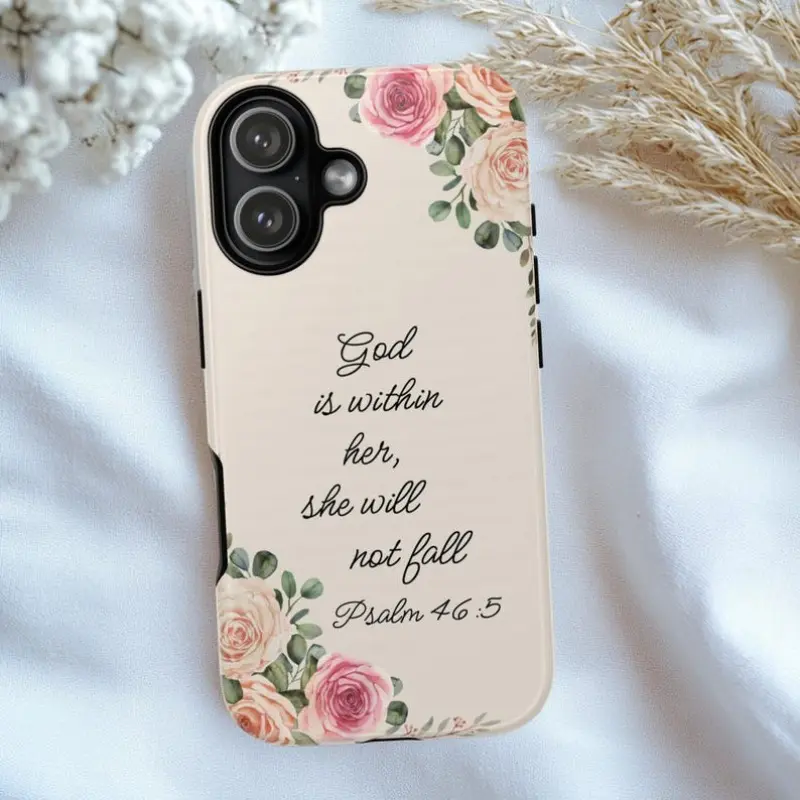 Christian Floral Bible Verse Smartphone Case - Durable Shockproof Polycarbonate Shell, Slim Fit God Is Within Her Psalm 46:5 Floral Flower-Print Cover for iPhone 11 12 13 14 15 16 17 Pro Max Air Plus