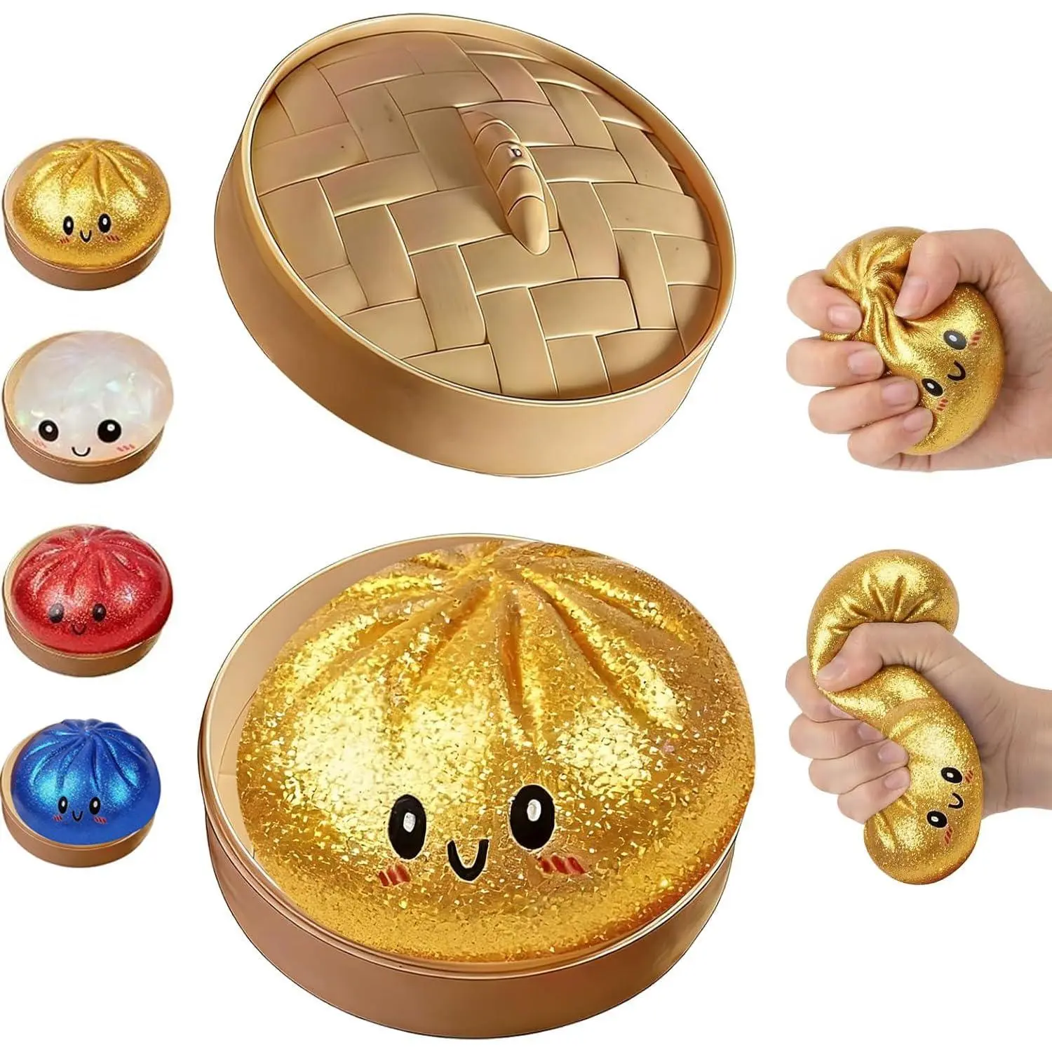 Glitter Dumpling Squishy Box - Gold Powder Bun Sensory Squeeze Toy, Stress Relief Soft Decompression Dough for Adults’ Office & Home Use, Squishies,Random Color