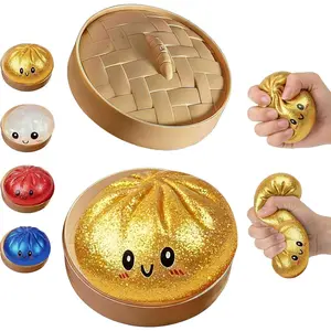 Glitter Dumpling Squishy Box, Dumpling Squishies, Sensory Squeeze Toy for Stress Relief, Soft Decompression Dough for Adults Office and Home Use (Gold Powder Emoji bun)