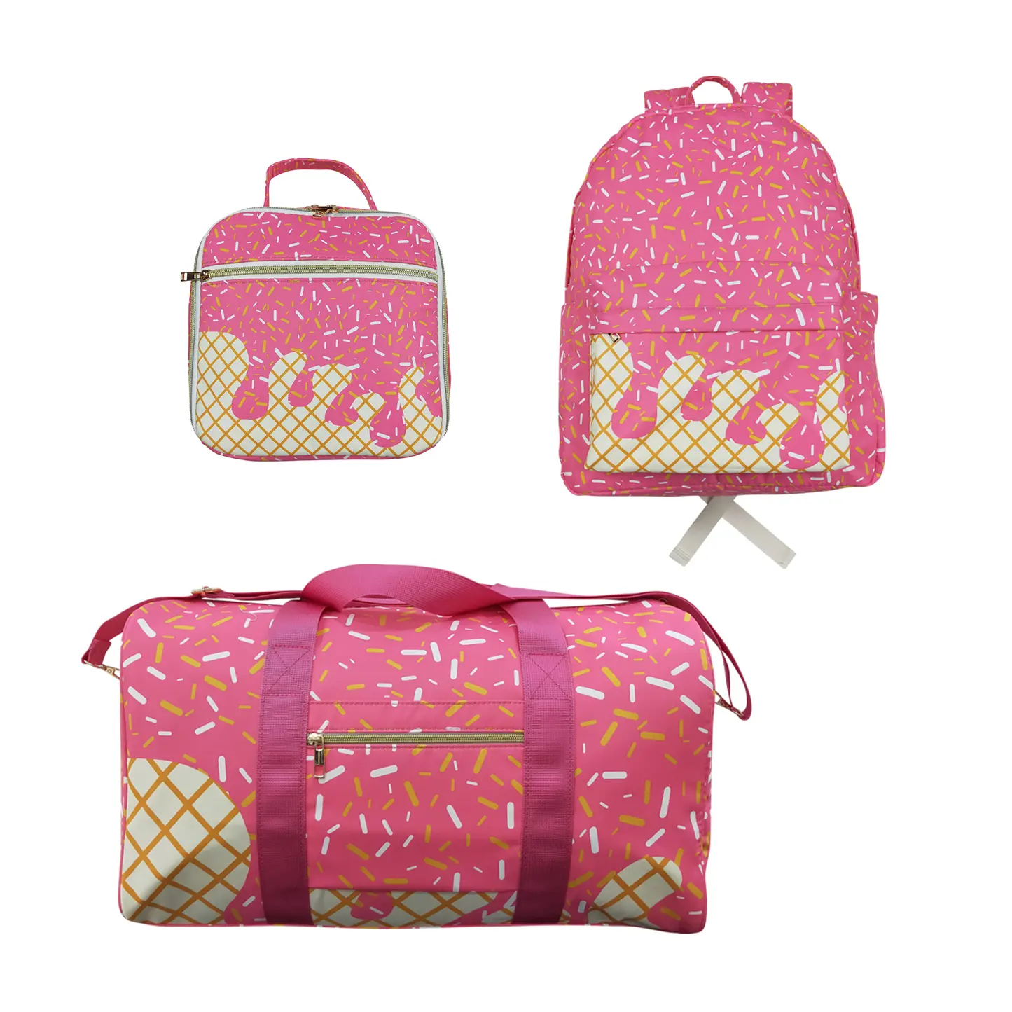 Women's High-Capacity Polyester Backpack BA0300 - Trendy Ice Cream Print Pink Functional Luggage Bag, 13.5x5x17in Portable Travel Accessory with Trendy Look for #ootd