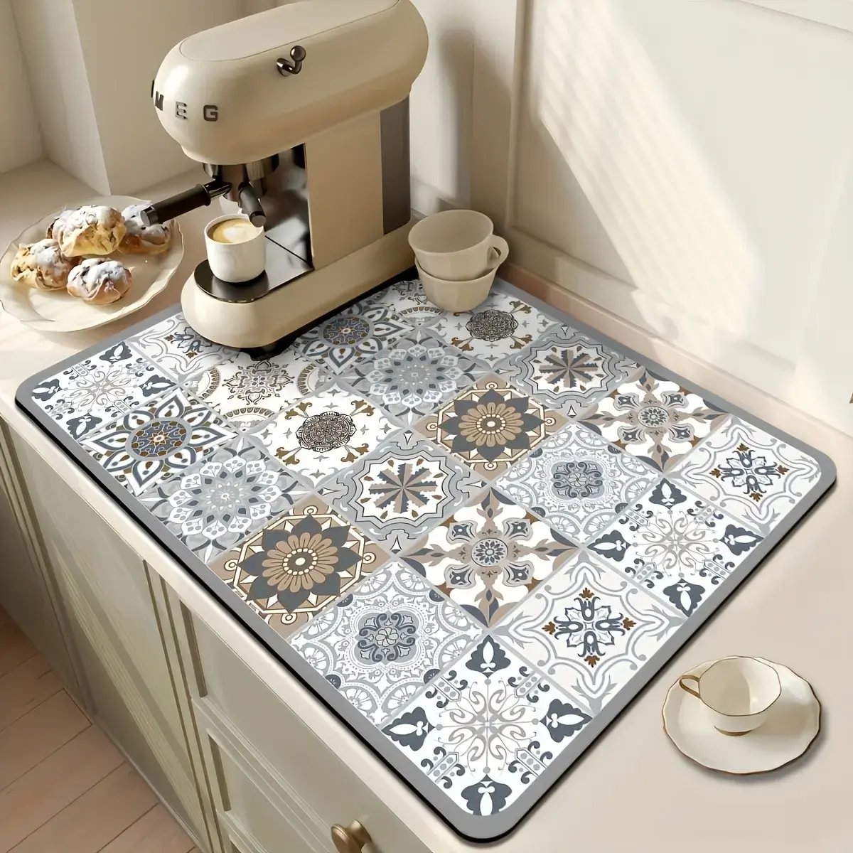 Dish Drying Mat for Kitchen Counter, Kitchen Mat with Pattern Design, Countertop Drying Pad for Dishes, Coffee Bar and Kitchen Use
