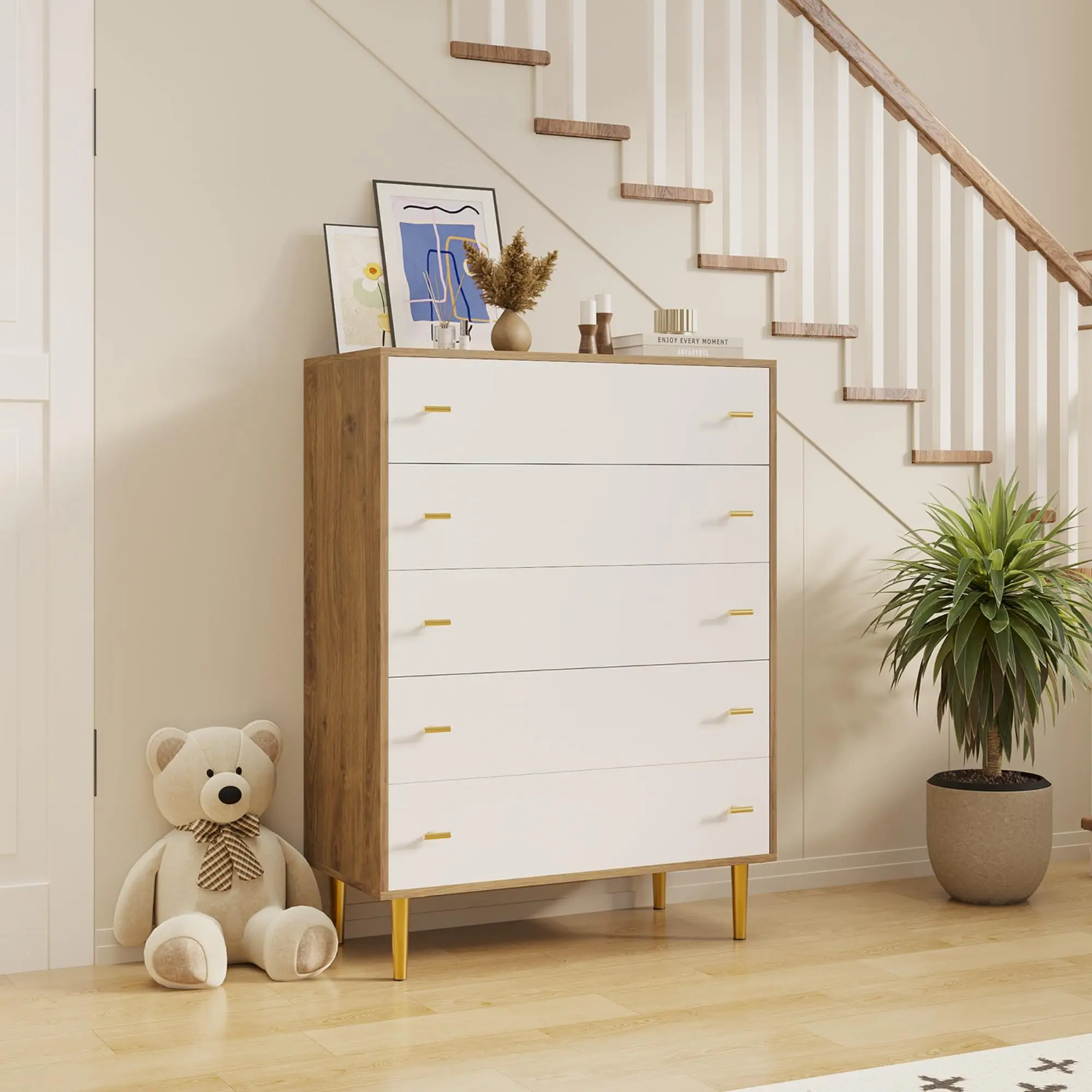 Garvee Farmhouse Style 44-Inch Tall Dresser with 5 Large Drawers and Bar Handles, Rustic Wood Chest for Bedroom, Living Room, Hallway, and Entryway, Pine and White Finish, Includes Drawer Organizer