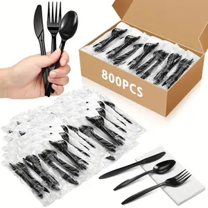 800pcs Disposable Plastic Cutlery Set | Individually Wrapped Black Knife, Fork, Spoon, And Napkin For Lounge, Wedding, Picnic, Bbq, Camping, Party