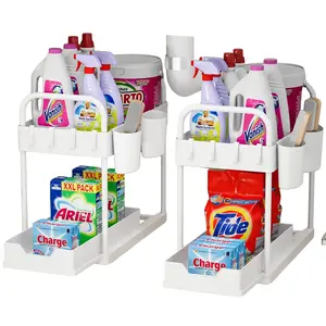 Under Sink Organizer, 2 Tier Sliding Bathroom Organizer Cabinet Storage with Hooks, Hanging Cups, Handles, Multi-Purpose Under Sink Shelf Organizer for Bathroom Kitchen(2 Pack)