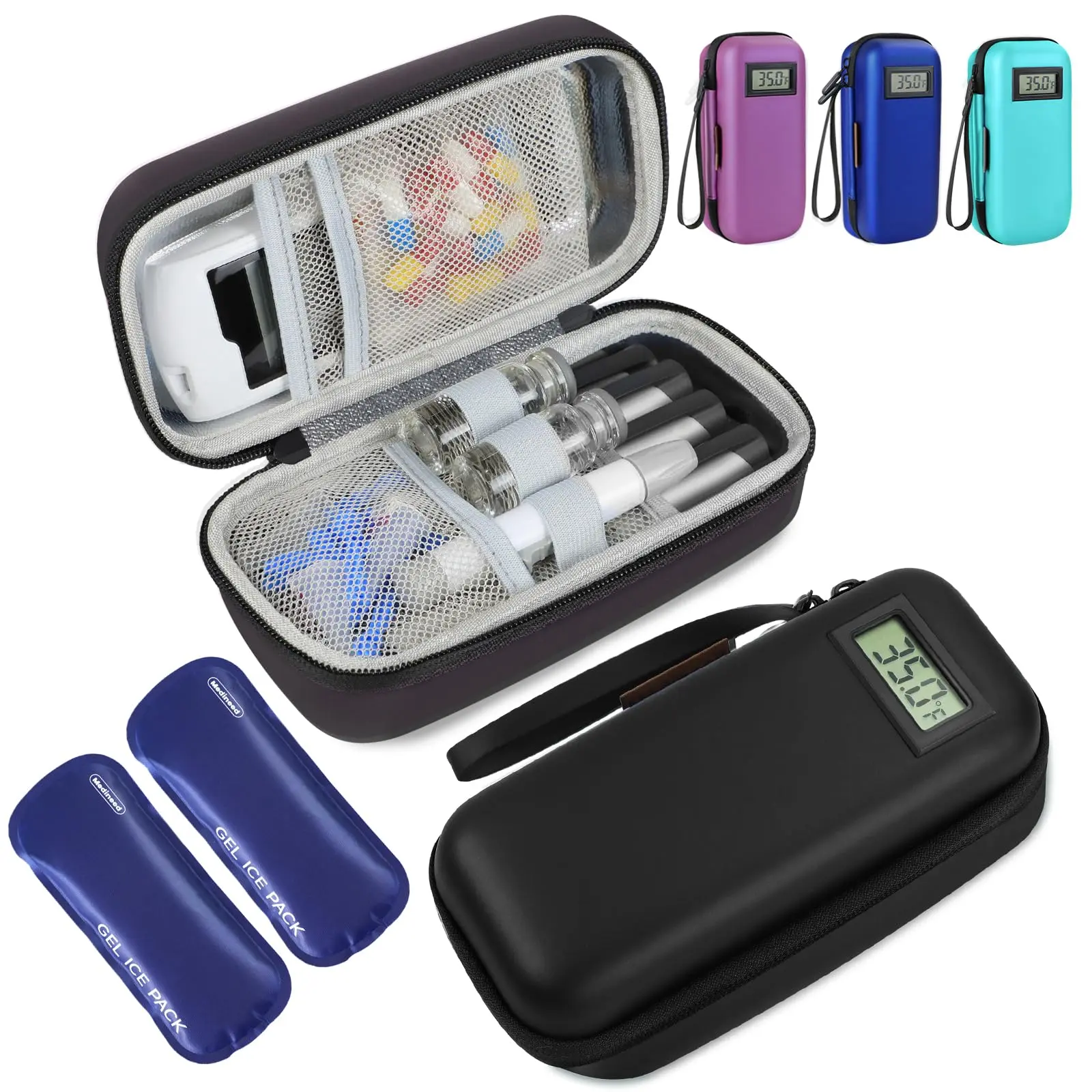Insulin Cooler Travel Case, Portable Temperature Display Medicine Travel Cooler, travel essentials，Diabetes Case with 2 Reusable Ice Packs TSA Approved for Diabetic Supplies Patent Pending