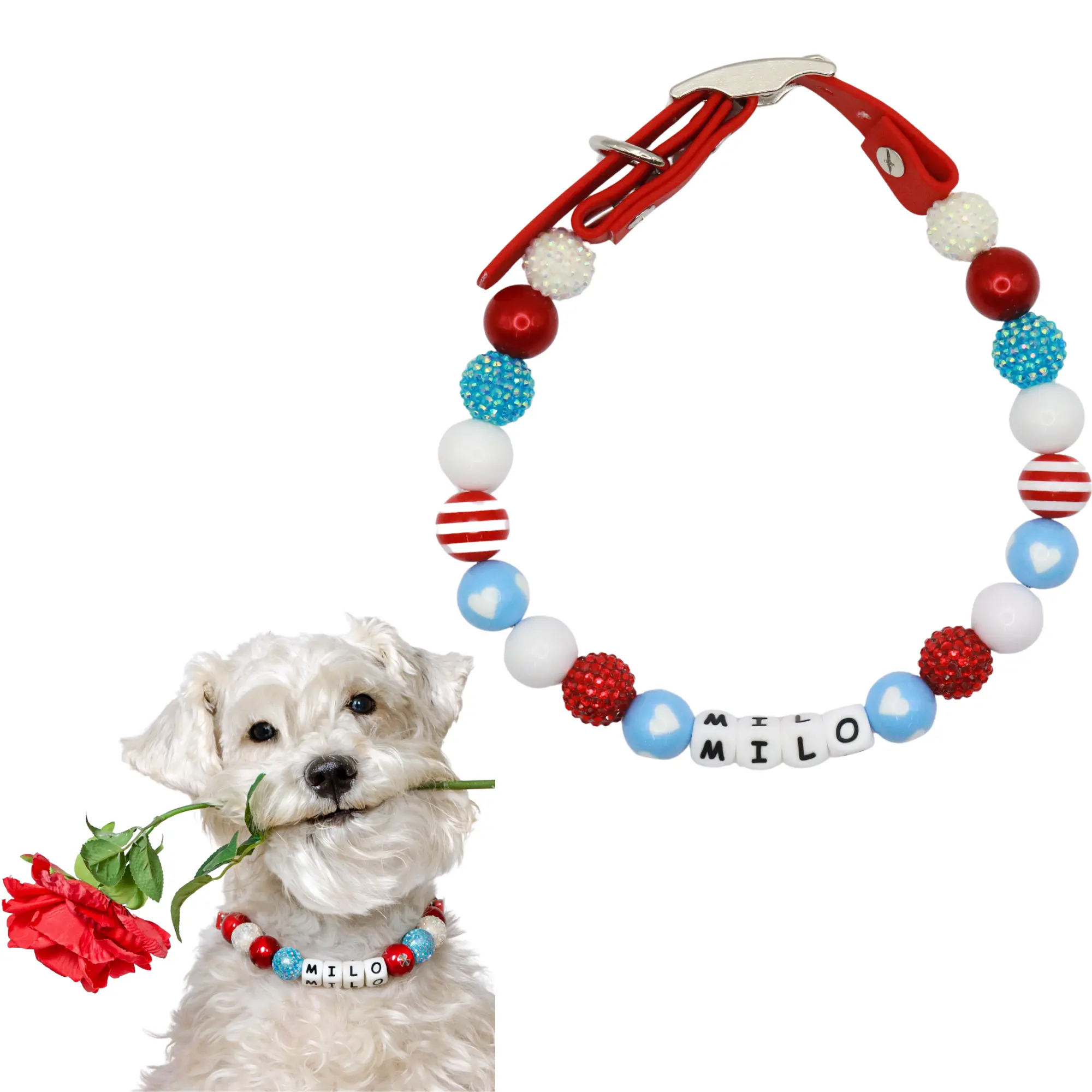 Custom Blue Valentines Day Beaded Dog Collar -Adjustable