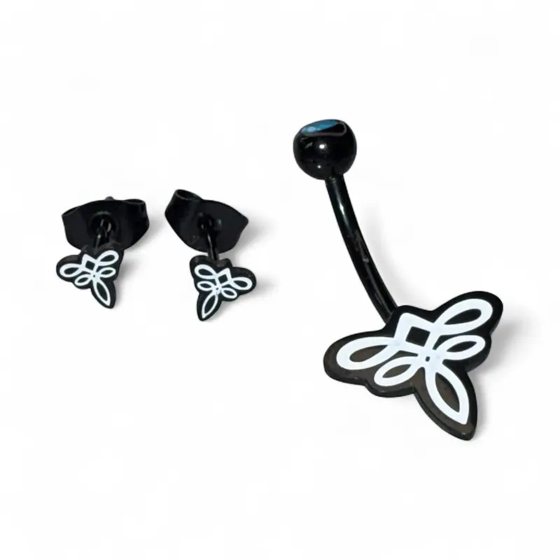 Black Design Belly Ring & Matching Earrings Set – 14G Piercing Grade Stainless Steel