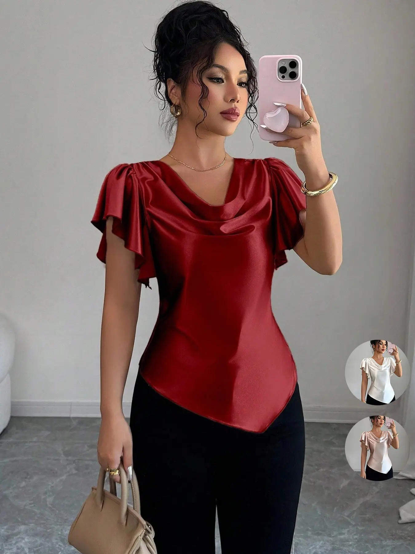 Elegant French Style Smooth Satin Blouse, Ruffled Sleeve, Waist Cinch, Slim Fit, Office Wear Summer Top for Women