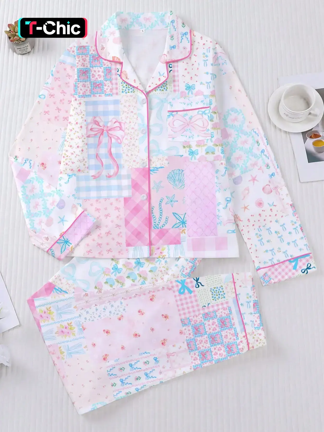 Women's Floral Bow Full-Print Sleepwear Set, Comfortable Long Sleeve Cardigan Top & Loose Elastic Pants, Casual Fall Winter Pajamas Loungewear Homewear