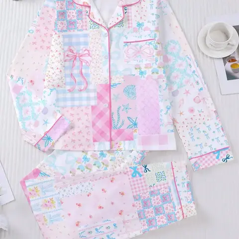 Women's Floral Bow Full-Print Sleepwear Set, Comfortable Long Sleeve Cardigan Top & Loose Elastic Pants, Casual Fall Winter Pajamas Loungewear, Cozy Fall Sleepwear