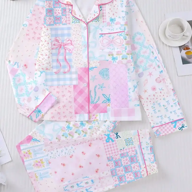 Women's Floral Bow Full-Print Sleepwear Set, Comfortable Long Sleeve Cardigan Top & Loose Elastic Pants, Casual Fall Winter Pajamas Loungewear, Cozy Fall Sleepwear