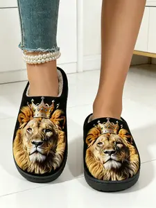 Lion King Print Plush Half-Enclosed Slippers, Non-Slip Lightweight Thick Rubber Sole, Soft Comfortable Warm, Unisex Home Bedroom Lazy Slippers