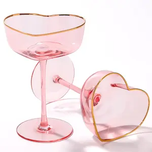 Pink Coupe Glasses Set of 2, Heart-Shaped Martini Glasses with Golden Rim, Sidecar Cocktail Glassware for Wedding 8oz Drinkware friend gift red wine summerwins