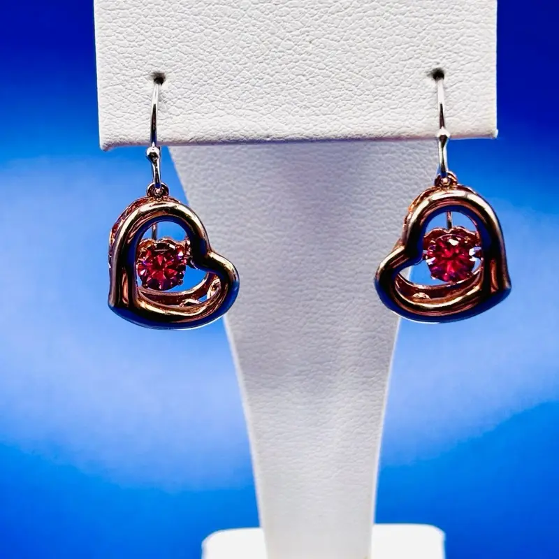 Twinkles Sterling Silver & Rose Gold Plated Heart Dangle Earrings With Pink Swarovski Crystal Dancing Stones.