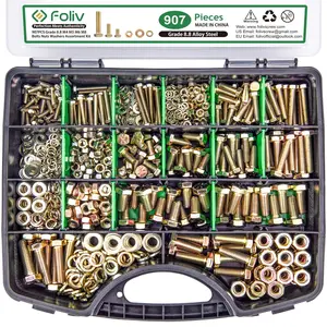 FOLIV 907 pcs Grade 8.8 Metric Bolt Assortment, M4 M5 M6 M8 Heavy Duty Bolts and Nuts Kit, Yellow Zinc Plated, Length from 12-30mm ver  x  bolts