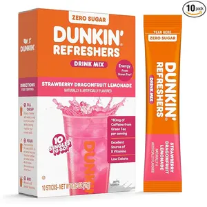 Dunkin’ Zero Sugar Refreshers Singles To Go! Powdered drink mix packets, Strawberry Dragonfruit Lemonade, 10 packets per box , Energy from Green Tea, aspartame-free, no synthetic colors, naturally and artificially flavored, just add water