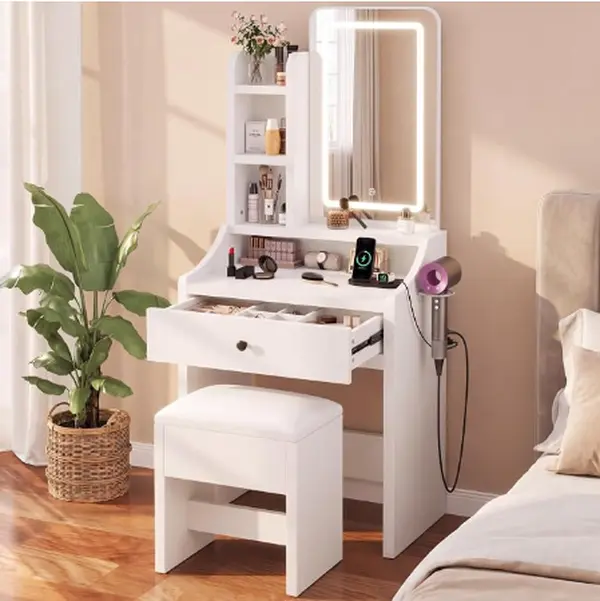 Minimalist white vanity set includes LED-lit mirror;  table with drawer storage and cushioned stool; suitable for teens and adults; ideal for home dressing rooms or bedrooms. flute fabric