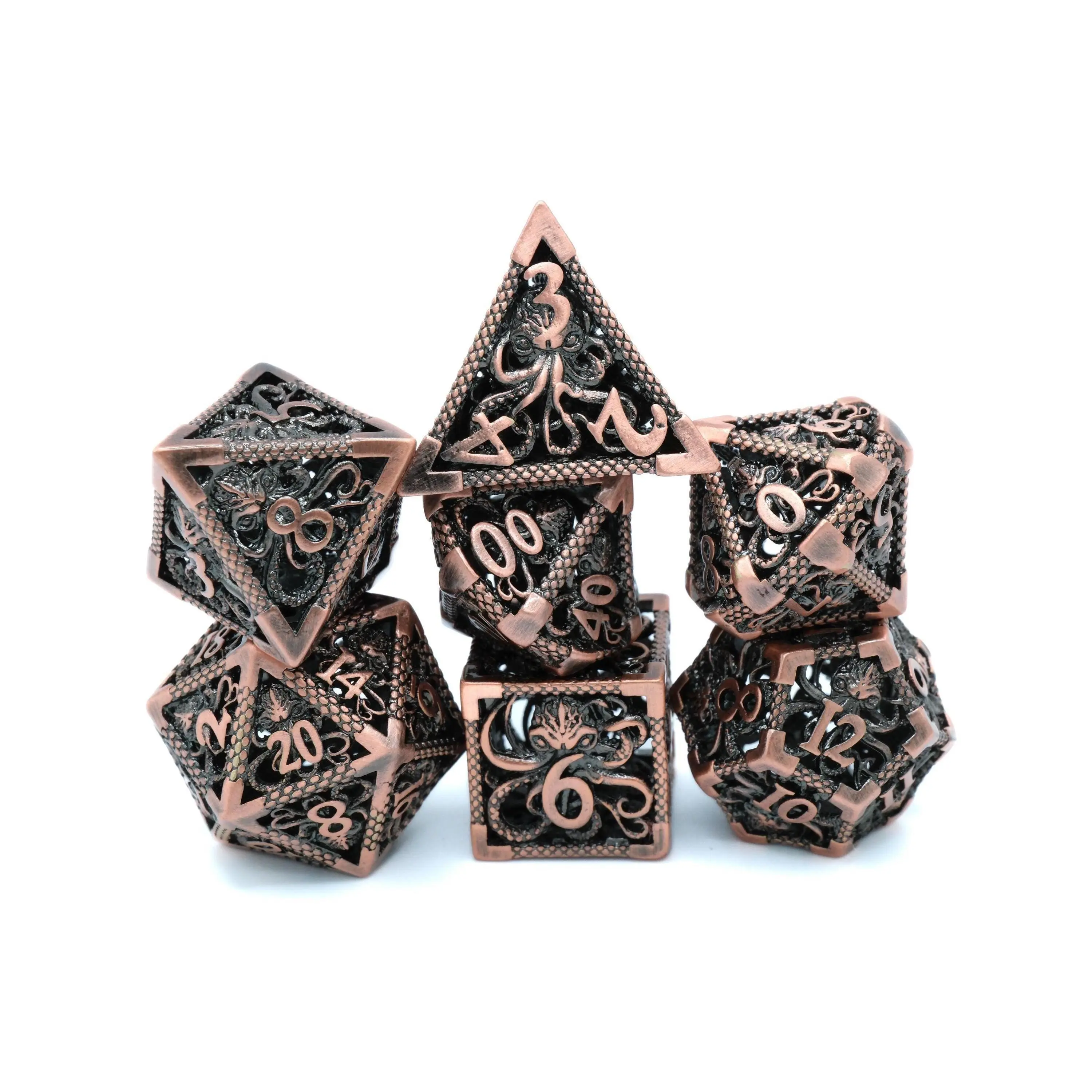 Octopus Hollow Polyhedral Metal DnD Dice Set - 7-Piece Oceanic Cthulhu RPG Dice, Black Velvet Bag for Dungeons and Dragons, Pathfinder, Polyhedral Metal Set