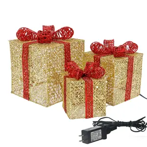 SUNNYGLADE 10”-8”-6” Set of 3 Christmas Lighted Gift Boxes with Plug for Christmas Decor, Weddings Yard Home Holiday Art Decorations