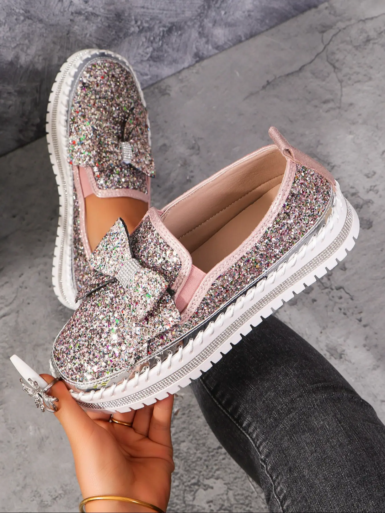 Colorful Sequins Rhinestone Elastic Band Platform Bag, Anti-Slip Women's, Comfortable Trendy Footwear for All Occasions, Flats Shoes Women, Slip On Style