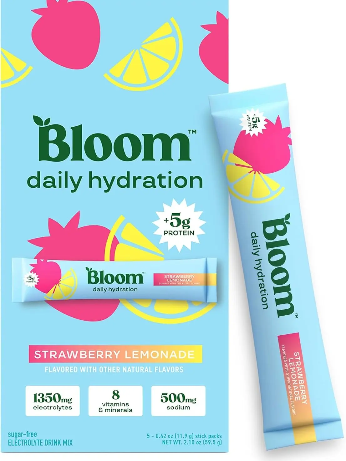 Bloom Daily Hydration Electrolyte Powder Packets with Collagen, 5g Protein, Electrolytes, Vitamins & Minerals, Sugar Free Drink Mix, Strawberry Lemonade, 5 Count