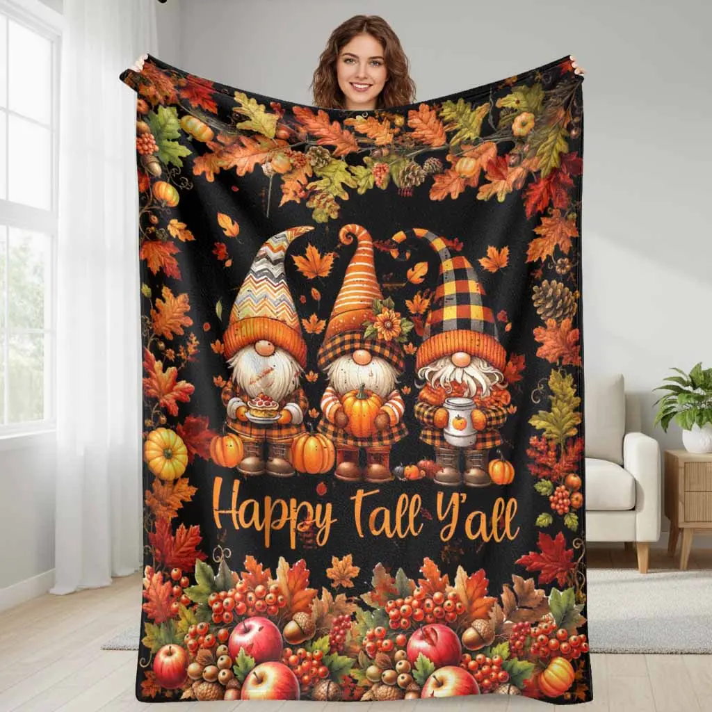 Autumn Gnome Flannel Blanket Happy Fall Y'all Pumpkin Maple Leaf Print Soft Warm Cozy Lightweight Plush Throw for Sofa Bed Couch Harvest Thanksgiving Home Gift