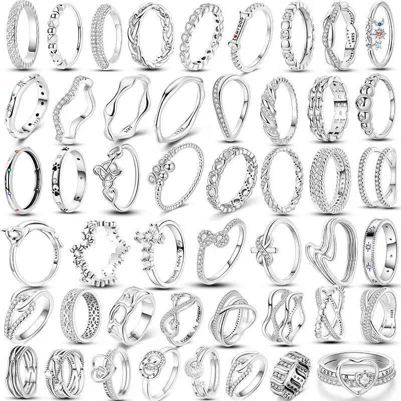 Original 925 Silver Sparkling Zircon Ring Stackable Classic Shine Stone Round Rings For Women Wedding Anniversary Jewelry Gift