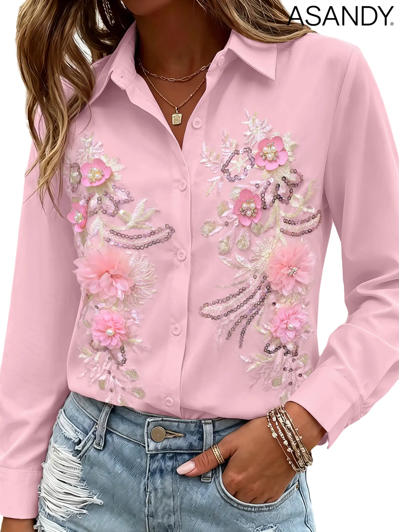 ASANDY Women's Long Sleeve Collared Pink Button-Down Blouse - 3D Floral & Pearl Embroidery, Sparkly Sequins, Aesthetic Elegant Girly Finds Everyday Ready-to-Wear Office Top, Shirt, Sun Protection, Dressy Tops, Classic, Office Ootd, Casual, Style Inspo, Co