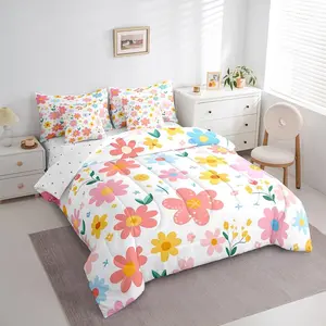 Feelyou 7-Piece Cartoon Floral Pattern Bedding Set - Yellow Pink Comforter Set with Sheets, Kawaii Bed-in-a-Bag for Girls