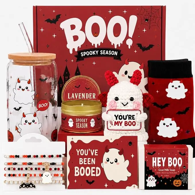 Halloween Fall Gift Boo Basket Stuffers for Women, Halloween Gifts Basket for Adults | Cute Halloween Gifts for Teen Girls Her Friend Girlfriend with Spooky Glass Cup