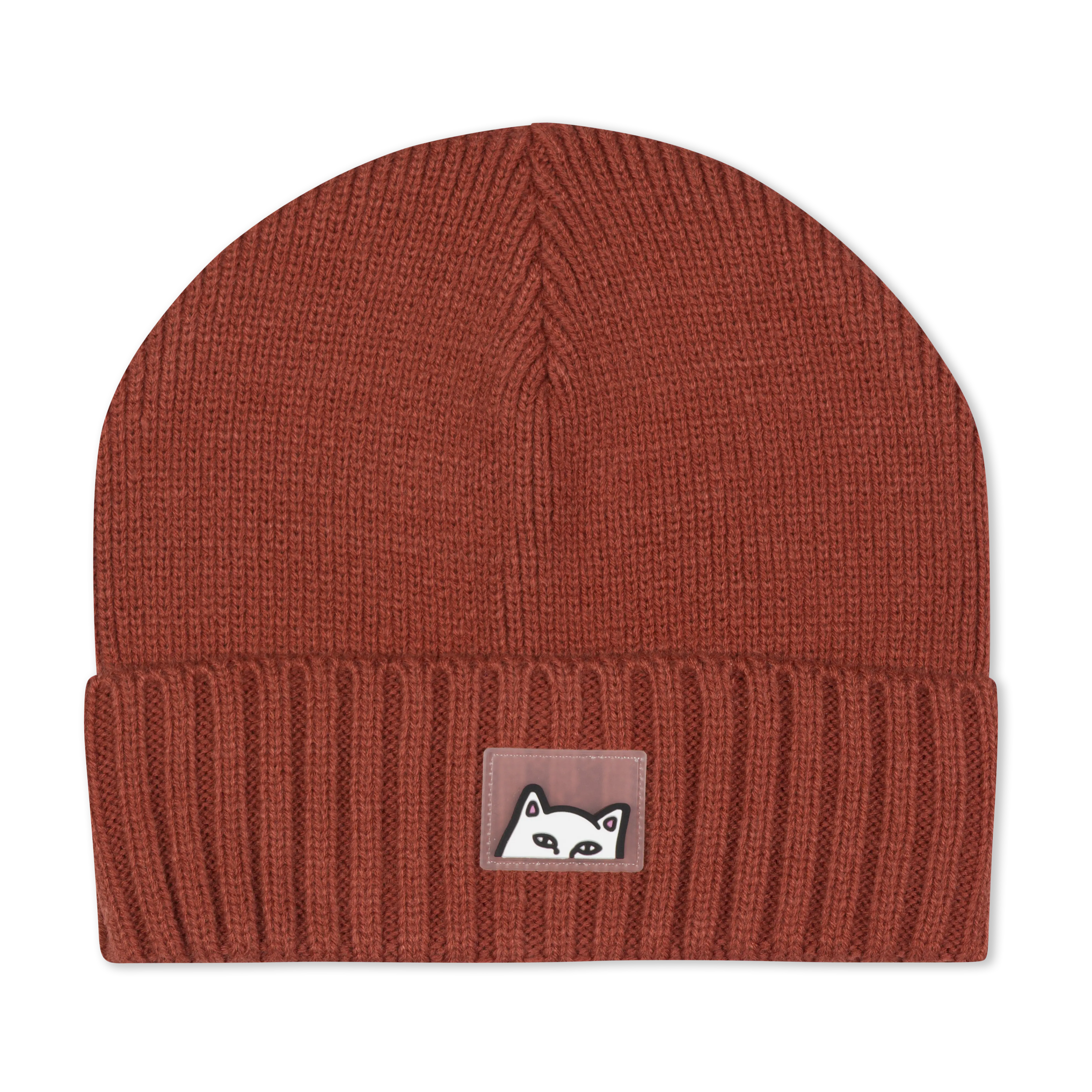 Unisex 1-Size Knit Hat, Burnt Orange Peeking Beanie with Nermal Patch Front & Peekaboo Fold Design, Stylish Fashion Accessory, Knit Hats, Unisex One Size